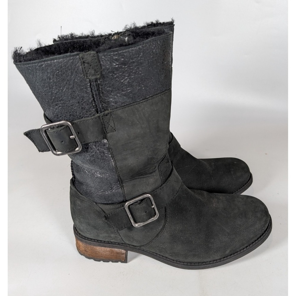 UGG Women's Oregon Boot Black Leather Shearling Lined Buckle Size 8 Winter